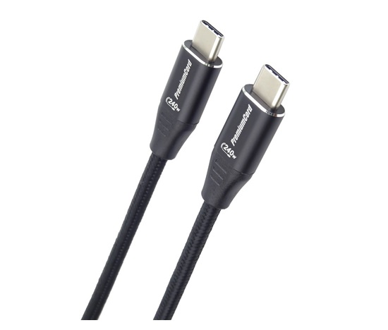 PREMIUMCORD Kabel USB-C M/M, 240W 480Mbps černý bavlněný oplet, 2m