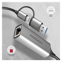 AXAGON ADE-TXCA, USB-C + USB-A 3.2 Gen 1 - Gigabit Ethernet sieťová karta, Asix AX88179, auto inštal