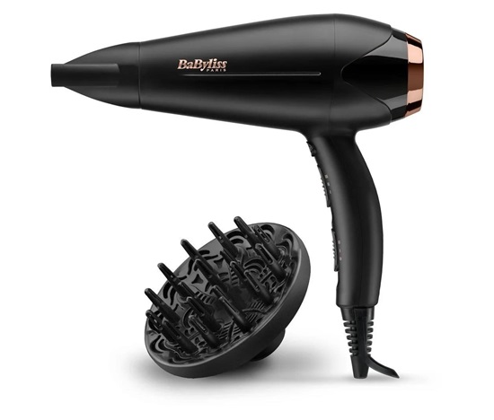 BaByliss D570DE fén na vlasy, 2200 W, ionizace, 2 rychlosti, 3 teploty, difuzér, tvarovací kartáč, černá