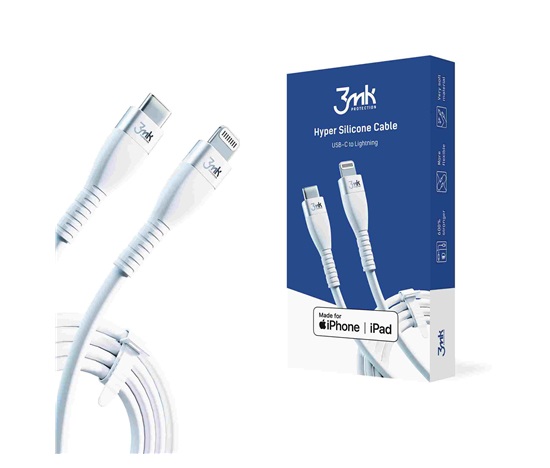 3mk datový kabel - Hyper Silicone Cable Type-C to Lightning 20W 3A, bílá
