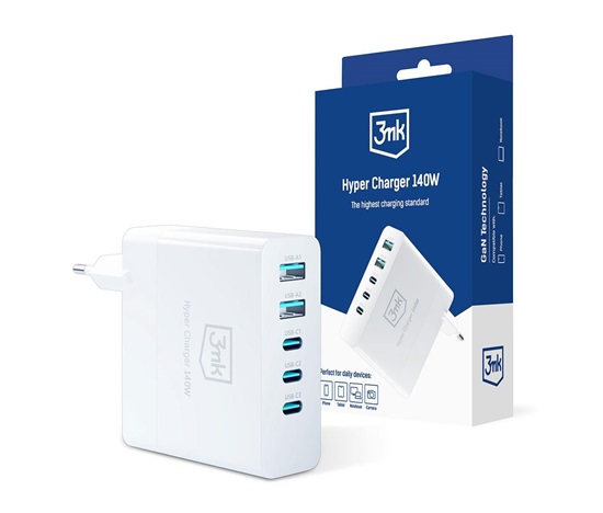 3mk síťová nabíječka - Hyper Charger 140W, GaN 3x USB-C (PD) / 2x USB, bílá