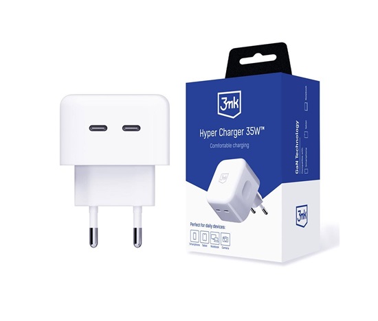 3mk síťová nabíječka - Hyper Charger 35W, GaN, 2x USB-C (PD), bílá