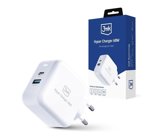 3mk síťová nabíječka - Hyper Charger 68W, GaN, 1x USB-C (PD), 1x USB, bílá