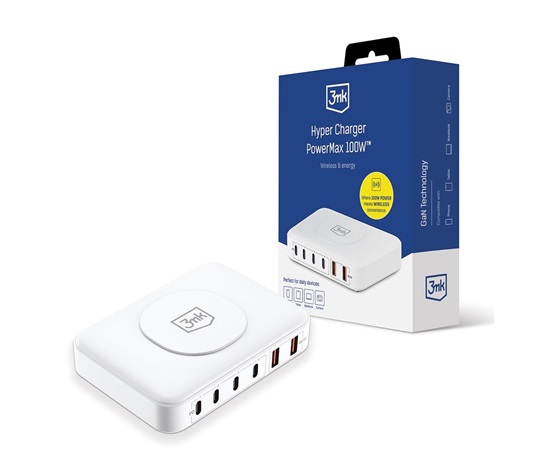 3mk síťová nabíječka - Hyper Charger PowerMax 100W, GaN 4x USB-C (PD) / 2x USB, bílá