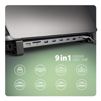 AXAGON HMC-10HLS, USB 5Gbps hub, 4x USB-A, HDMI 4k/60Hz, RJ-45 GLAN, SD/mSD, PD 100W, kábel USB-C 25cm