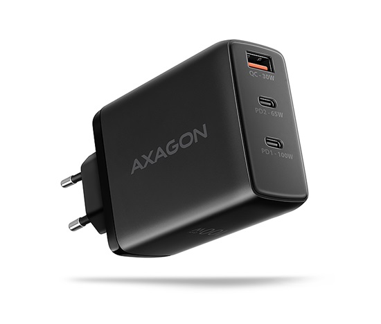 AXAGON ACU-DPQ100, GaN nabíjačka do siete 100W, 3x port (USB-A + dual USB-C), PD3.0/PPS/QC4+/Apple, čierná