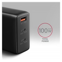 AXAGON ACU-DPQ100, GaN nabíjačka do siete 100W, 3x port (USB-A + dual USB-C), PD3.0/PPS/QC4+/Apple, čierná