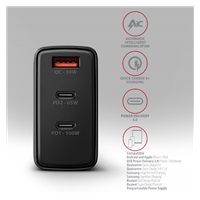 AXAGON ACU-DPQ100, GaN nabíjačka do siete 100W, 3x port (USB-A + dual USB-C), PD3.0/PPS/QC4+/Apple, čierná