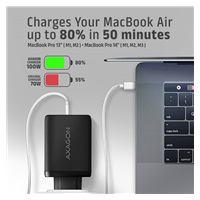 AXAGON ACU-DPQ100, GaN nabíjačka do siete 100W, 3x port (USB-A + dual USB-C), PD3.0/PPS/QC4+/Apple, čierná