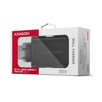 AXAGON ACU-DPQ100, GaN nabíjačka do siete 100W, 3x port (USB-A + dual USB-C), PD3.0/PPS/QC4+/Apple, čierná