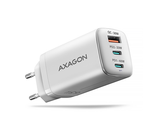 AXAGON ACU-DPQ65W, GaN nabíjačka do siete 65W, 3x port (USB-A + dual USB-C), PD3.0/QC4+/PPS/Apple, biela