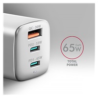 AXAGON ACU-DPQ65W, GaN nabíjačka do siete 65W, 3x port (USB-A + dual USB-C), PD3.0/QC4+/PPS/Apple, biela