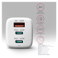 AXAGON ACU-DPQ65W, GaN nabíjačka do siete 65W, 3x port (USB-A + dual USB-C), PD3.0/QC4+/PPS/Apple, biela