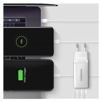 AXAGON ACU-DPQ65W, GaN nabíjačka do siete 65W, 3x port (USB-A + dual USB-C), PD3.0/QC4+/PPS/Apple, biela