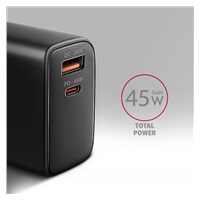 AXAGON ACU-PQ45 GaN nabíjačka do siete 45W, 2x port (USB-A + USB-C), PD3.0/PPS/QC4+/SFC 2.0/AFC/Apple