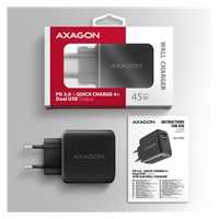 AXAGON ACU-PQ45 GaN nabíjačka do siete 45W, 2x port (USB-A + USB-C), PD3.0/PPS/QC4+/SFC 2.0/AFC/Apple