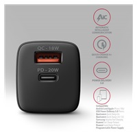 AXAGON ACU-PQ20, nabíjačka do siete 20W, 2x port (USB-A + USB-C), PD3.0/PPS/QC4+/AFC/Apple, čierna