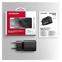 AXAGON ACU-PQ20, nabíjačka do siete 20W, 2x port (USB-A + USB-C), PD3.0/PPS/QC4+/AFC/Apple, čierna