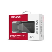 AXAGON ACU-PQ20, nabíjačka do siete 20W, 2x port (USB-A + USB-C), PD3.0/PPS/QC4+/AFC/Apple, čierna