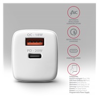 AXAGON ACU-PQ20W, nabíjačka do siete 20W, 2x port (USB-A + USB-C), PD3.0/PPS/QC4+/AFC/Apple, biela