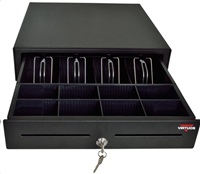 Virtuos pokladní zásuvka S-410C - s kabelem, pořadač 4/8, 9-24V, černá