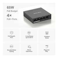 MERCUSYS switch MS105GP (5xGbE,4xPoE+,65W,fanless)