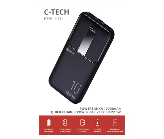 C-TECH Powerbanka 10000mAh, Li-Pol, 22,5W, USB-C/USB-A/micro USB