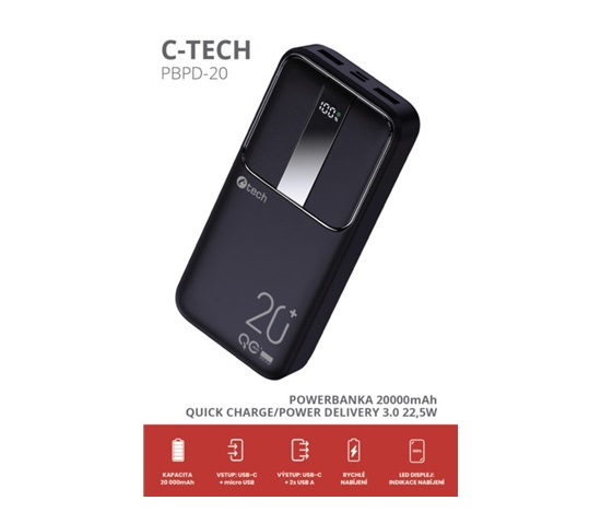 C-TECH Powerbanka 20000mAh, Li-Pol, 22,5W, USB-C/USB-A/micro USB