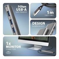 AXAGON HMC-5H, USB 5Gbps hub, 3x USB-A, HDMI 4k/30Hz, PD 100W, kábel USB-C 100cm