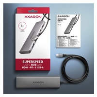 AXAGON HMC-5H, USB 5Gbps hub, 3x USB-A, HDMI 4k/30Hz, PD 100W, kábel USB-C 100cm