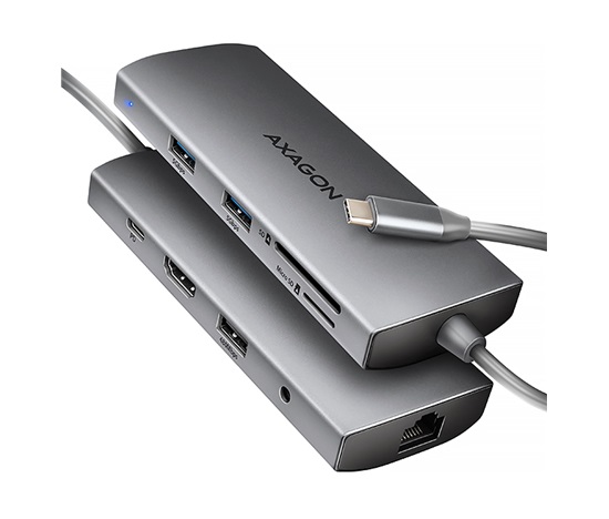 AXAGON HMC-8HLSA, USB 5Gbps hub, 3x USB-A, HDMI 4k/60Hz, RJ-45 GLAN, SD/microSD, audio, PD 100W, kábel USB-C 20cm