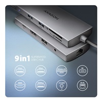 AXAGON HMC-8HLSA, USB 5Gbps hub, 3x USB-A, HDMI 4k/60Hz, RJ-45 GLAN, SD/microSD, audio, PD 100W, kábel USB-C 20cm