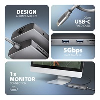 AXAGON HMC-8HLSA, USB 5Gbps hub, 3x USB-A, HDMI 4k/60Hz, RJ-45 GLAN, SD/microSD, audio, PD 100W, kábel USB-C 20cm
