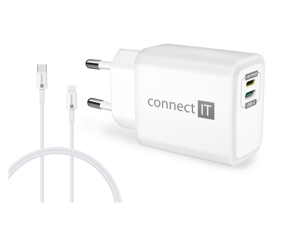 CONNECT IT Duplex nabíjecí adaptér 1xLightning, 1×USB-C, 20W, 1xLightning - USB-C kabel, bílá