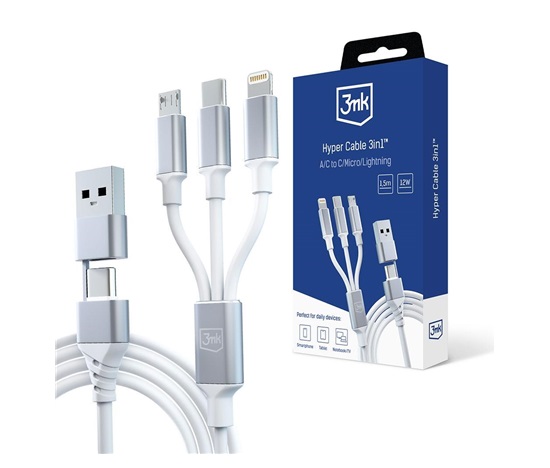 3mk nabíjecí kabel - Hyper Cable 3in1 A/C to C/Micro/Lightning 1.5m, bílá