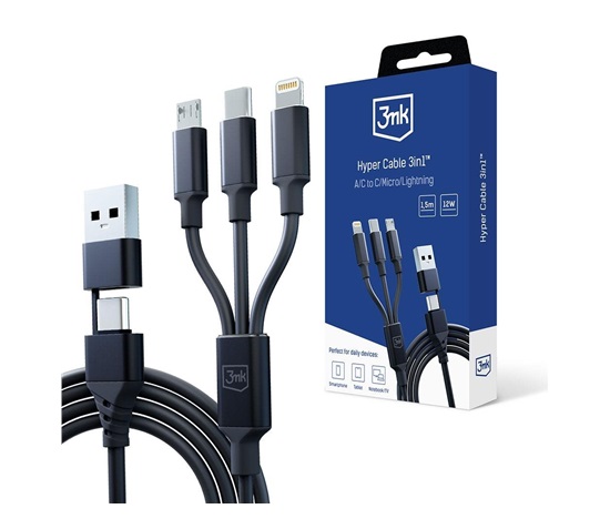 3mk nabíjecí kabel - Hyper Cable 3in1 A/C to C/Micro/Lightning 1.5m, černá