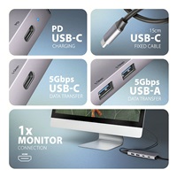 AXAGON HMC-5H60, USB 5Gbps hub, porty 2x USB-A, 1x USB-C, HDMI 4k/60, PD 100W, kábel USB-C 15cm