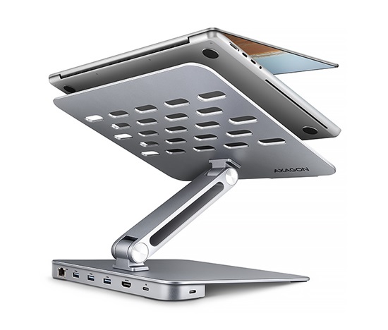 AXAGON HMC-STND, stojan pre 10"-16" notebooky, USB 5Gbps hub, 3x USB-A, HDMI 4k/60Hz, RJ-45, PD 100W, kábel USB-C 60cm