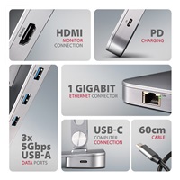 AXAGON HMC-STND, stojan pre 10"-17" notebooky, USB 5Gbps hub, 3x USB-A, HDMI 4k/60Hz, RJ-45, PD 100W, kábel USB-C 60cm