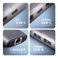 AXAGON HMC-6G2L, USB 10Gb/s hub, 2x USB-A, 1x USB-C, HDMI 4k/60, RJ-45, PD 100W, kábel USB-C 15cm