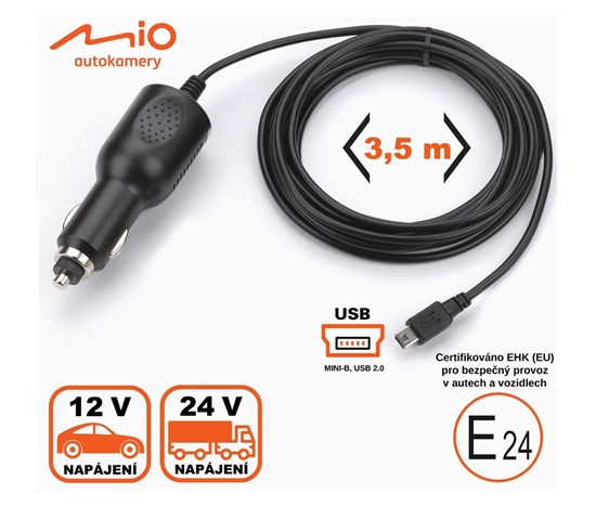 Mio cigaretová nabíječka 3.5 m ke kamerám Mio, mini-USB 5V, 2A (bulk)