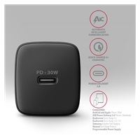 AXAGON ACU-PD30, Sil nabíjačka do siete 30W, 1x port USB-C, PD3.0/PPS/QC4+/SFC/AFC/Apple, čierna