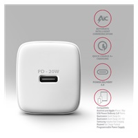 AXAGON ACU-PD20W, nabíjačka do siete 20W, 1x port USB-C, PD3.0/PPS/QC4+/AFC/Apple, biela