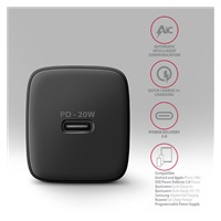 AXAGON ACU-PD20, nabíjačka do siete 20W, 1x port USB-C, PD3.0/PPS/QC4+/AFC/Apple, čierna