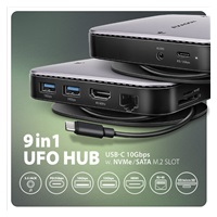 AXAGON HMC-UFO, USB 10Gbps hub, 2x USB-A, USB-C, HDMI 4k/60, RJ-45, M.2 slot, SD/mSD, audio, PD 100W, kábel USB-C 65cm