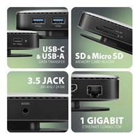 AXAGON HMC-UFO, USB 10Gbps hub, 2x USB-A, USB-C, HDMI 4k/60, RJ-45, M.2 slot, SD/mSD, audio, PD 100W, kábel USB-C 65cm