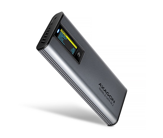 AXAGON EEM2-SD2 USB-C 10Gbps - M.2 NVMe & SATA SSD kovový DISPLAY box, bez skrutiek