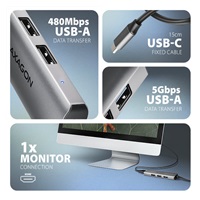 AXAGON HMC-H3A, USB 5Gbps hub, 3x USB-A, HDMI 4k/30Hz, kábel USB-C 15cm