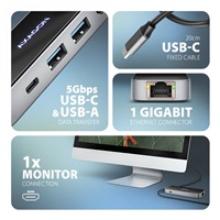 AXAGON HMC-6GLN, USB 5Gbps hub, 2x USB-A, USB-C, HDMI 4k/60Hz, RJ-45 GLAN, PD 100W, kábel USB-C 20cm