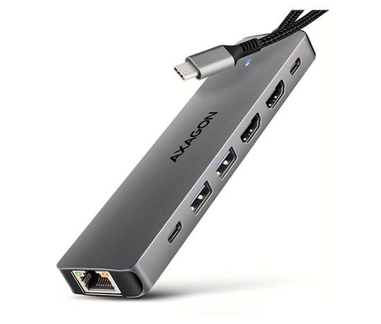 AXAGON HMC-7HX2, USB 5Gbps hub, 2x USB-A, USB-C, 2x HDMI 4k/60Hz, RJ-45 GLAN, PD 100W, kábel USB-C 15cm